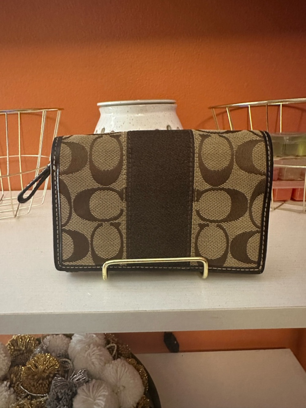 COACH Signature Jacquard Trifold Wallet in Brown and Tan(EUC)